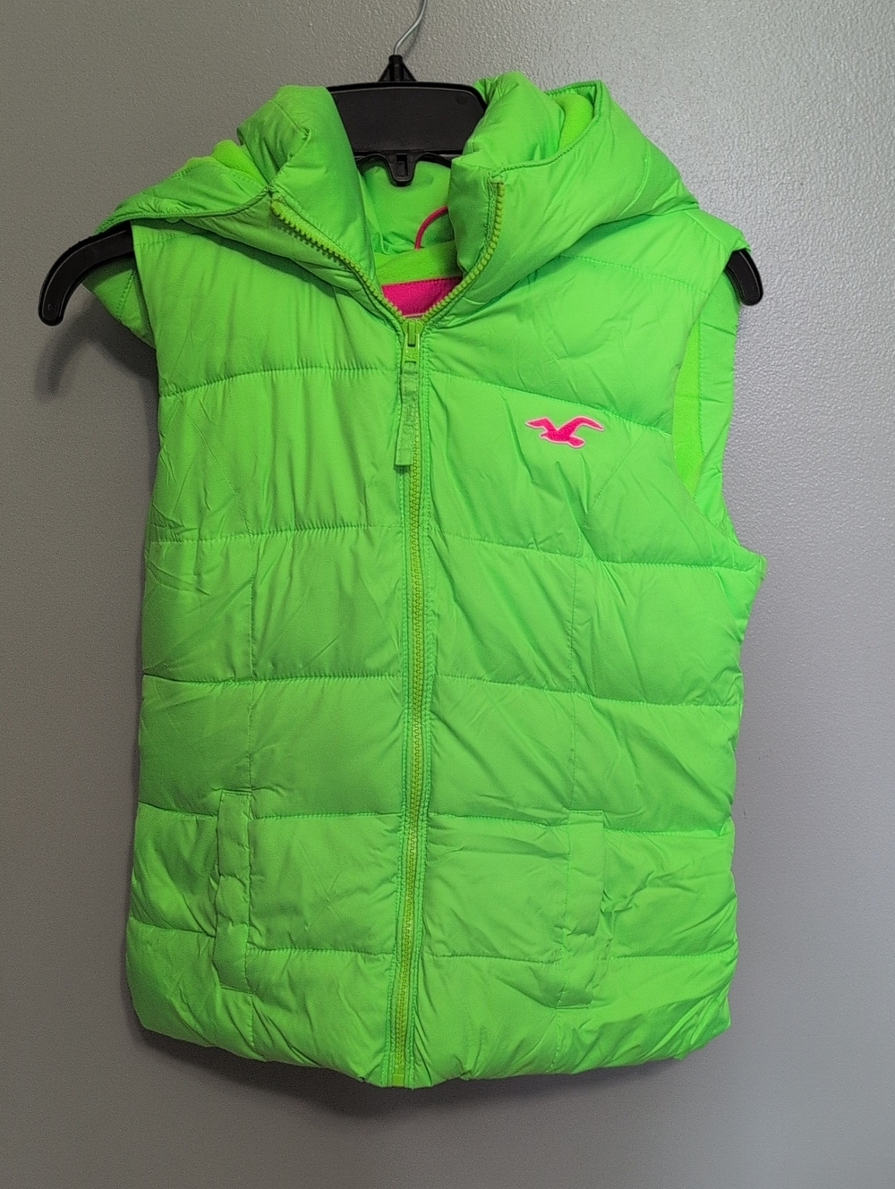 Hollister Neon Green Puffer Vest with Pink Logo SMALL
